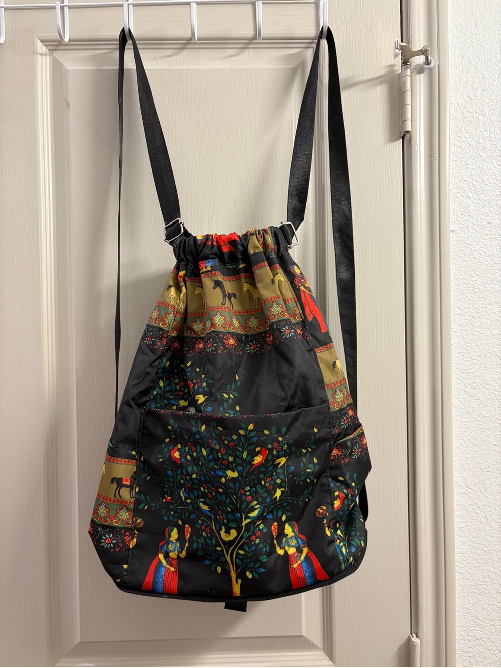 Black Drawstring Backpack with Multicolor Folk Print